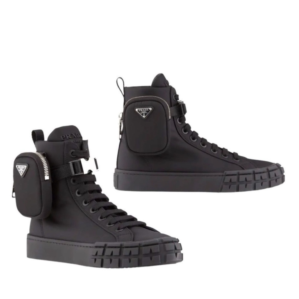 PRADA Wheel Re-Nylon Zip Pouch Black High-Top Sneakers with Mini Side Pouch - Picture 7 of 9